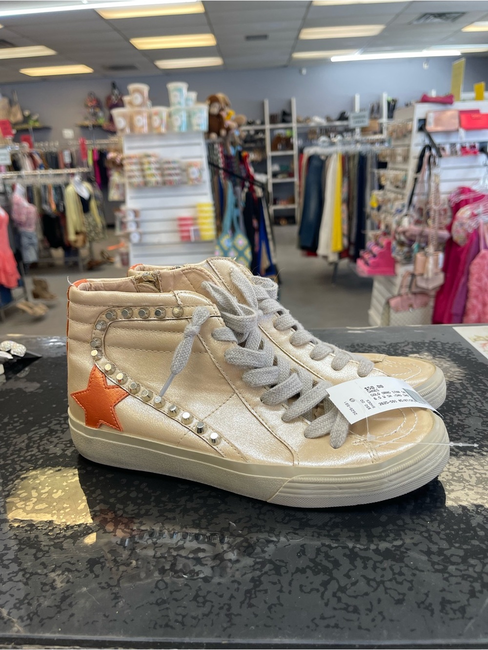 ShuShop Cream High-Top Sneakers with Orange Heel Tab